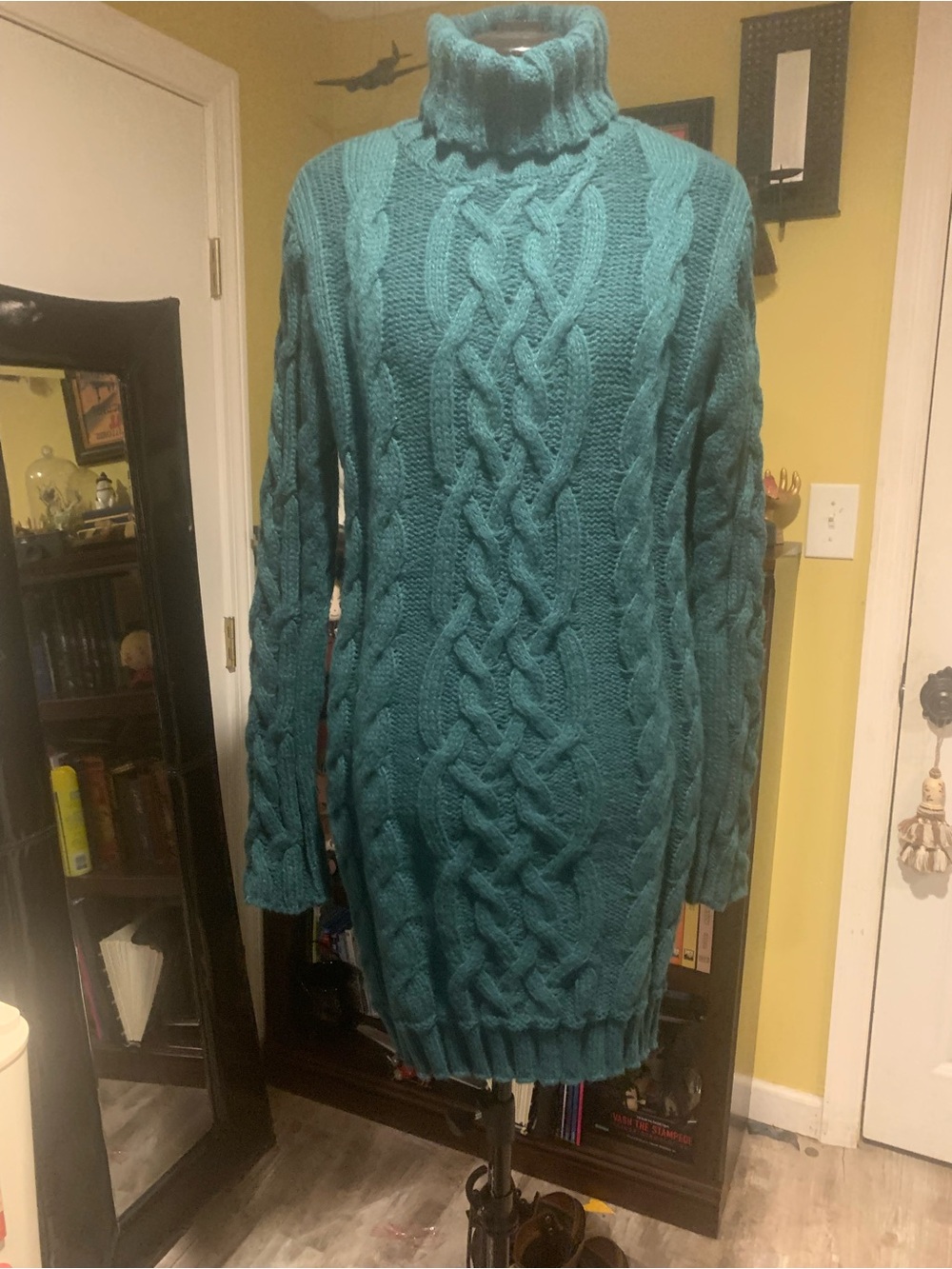 Source Unknown Teal Cable Knit Turtleneck Sweater Dress